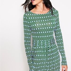 Boden Amelie Geometric Long Sleeve Dress in Green and White Small Petite NWT